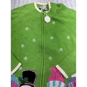 Carly St. Claire Womens Green Snowman Christmas Cardigan Sweater Zip Medium